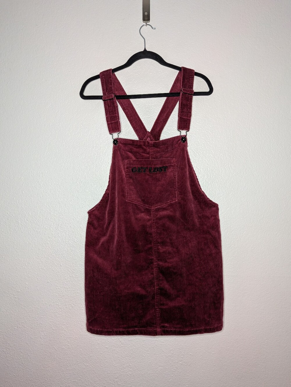 Hot Topic Red Maroon Get Lost Kidcore Goth Punk Corduroy Overall Mini Dress L